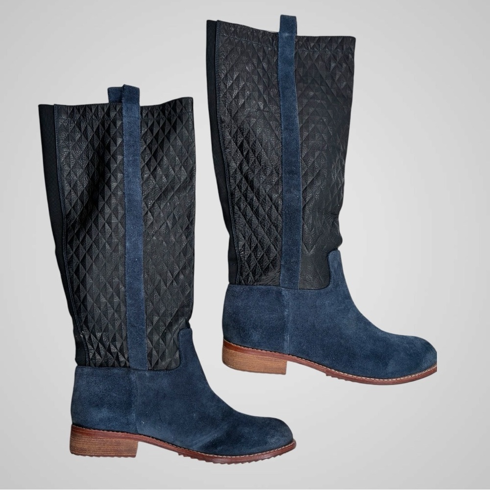 Matt Bernson Quilted Black and Navy Suede Heeled Boots Sz.8